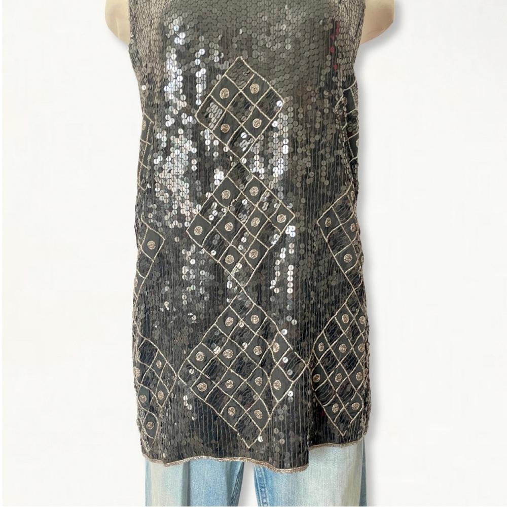 Vintage 100% Silk Full Sequin Geometric Beaded Sleeveless Top Size 12 - Picture 5 of 11